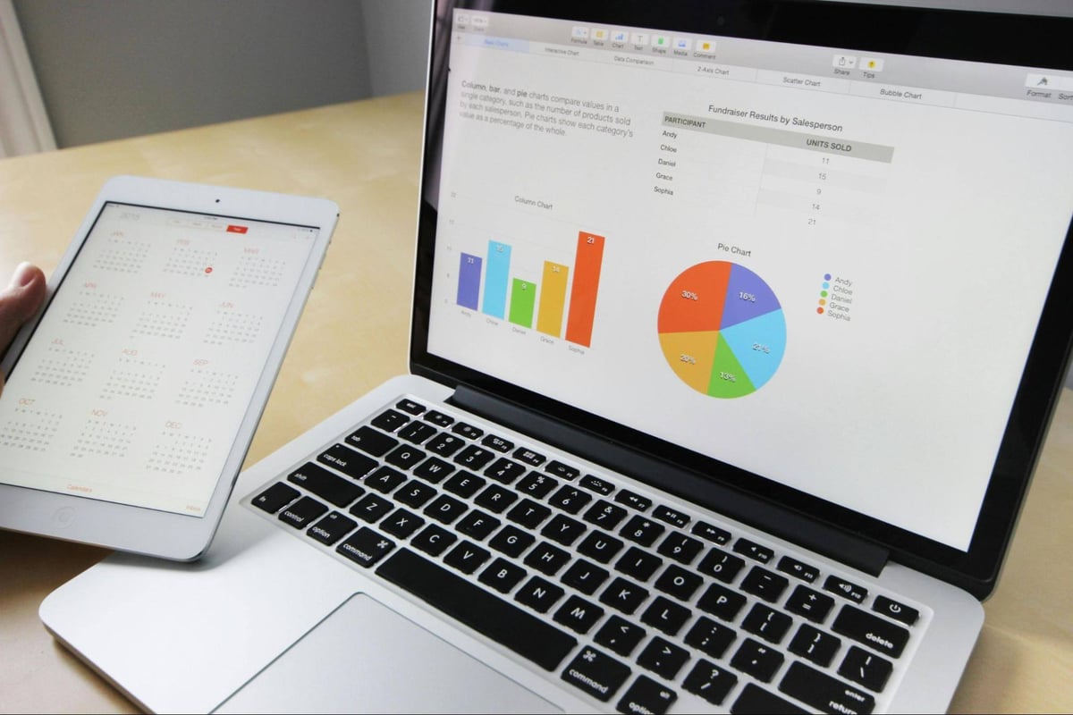 financial data shown with bar chart and pie chart on the laptop screen