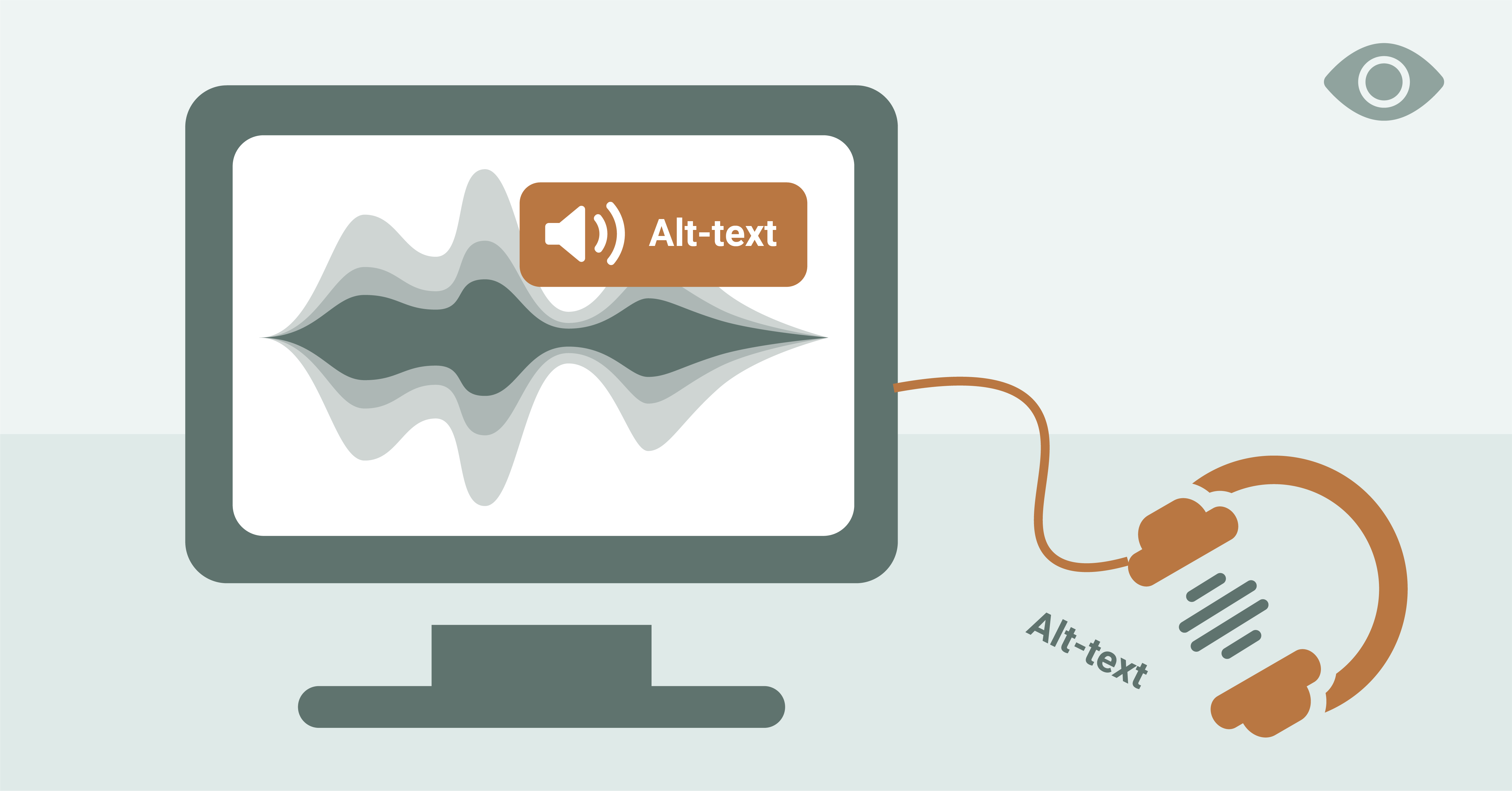 The illustrations shows a computer with a data visualization on screen and a symbol showing the alt text is being read to the reader. A pair of headphones is connected to the computer and the sound being read is being visualizaed with a volume icon.