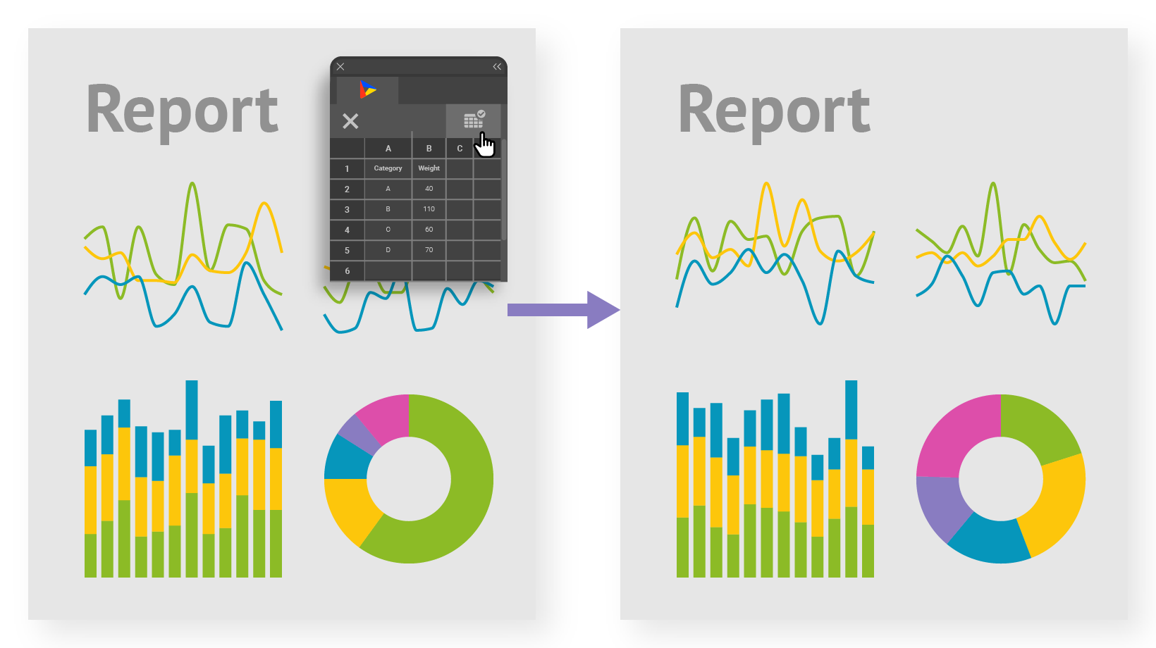 An abstract example of a report being updated with new data, therefore new version of the report is seen.