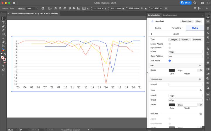 How to make a line chart / line graph in Adobe Illustrator with the Datylon chart maker plugin for Illustrator