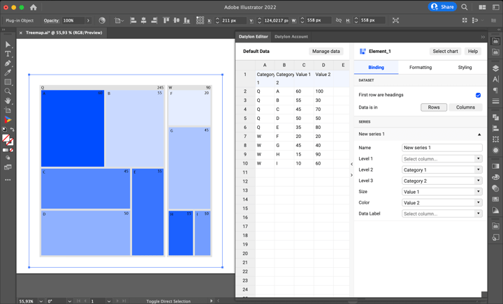 Learn how to create your own treemap chart in Adobe lllustrator with Datylon for Illustrator chart maker plug-in