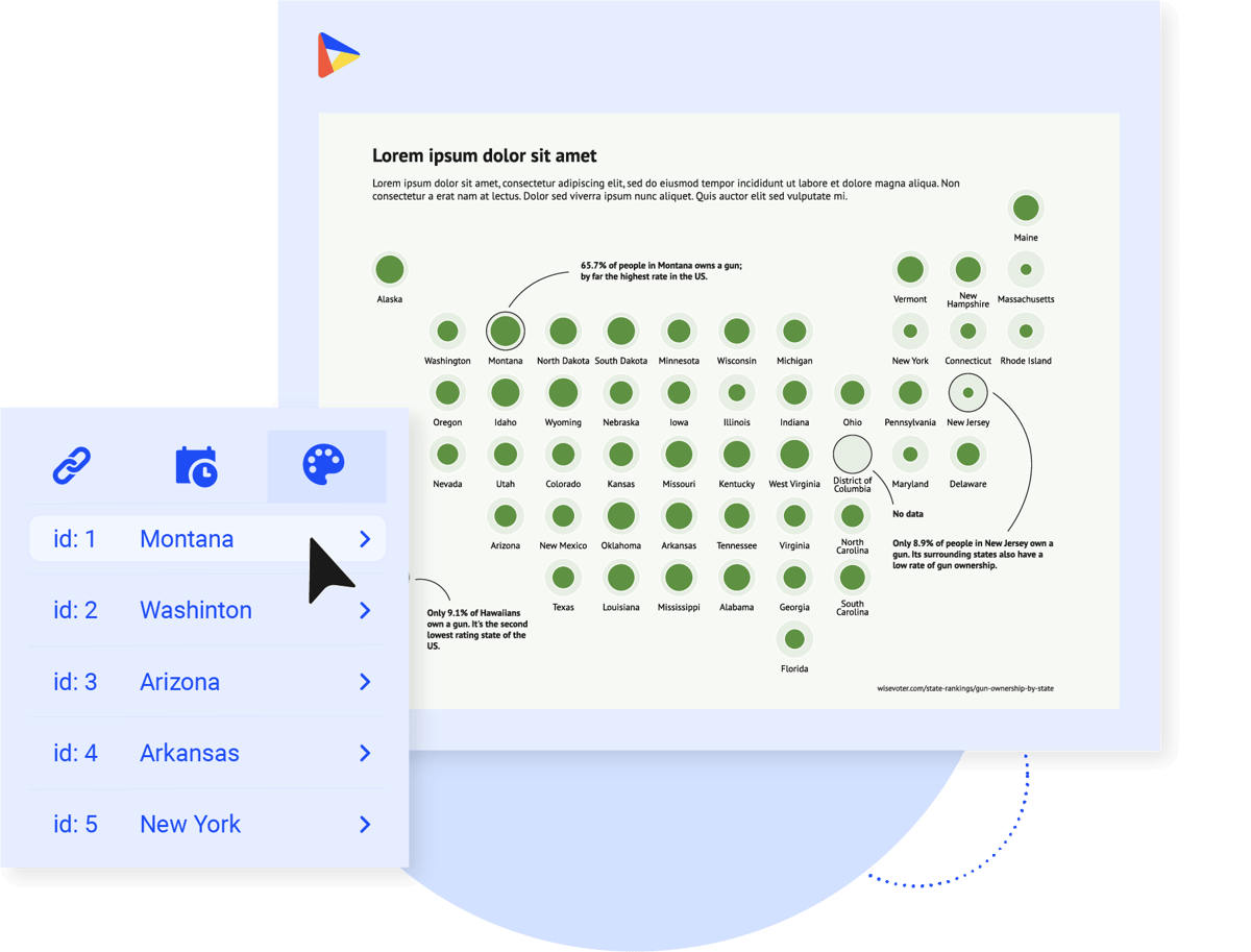 Design without limitations - Make an impact with data. Datylon gives you chart design tools with powerful styling properties equal to none. Every relevant property of a data point can be changed individually, allowing you to highlight the gems in your data and engage in data storytelling.