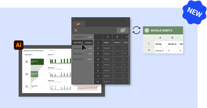 The illustration visualizes the Datylon for Illustrator plug-in interface with the data manager, where one can link to an online Google Sheet.