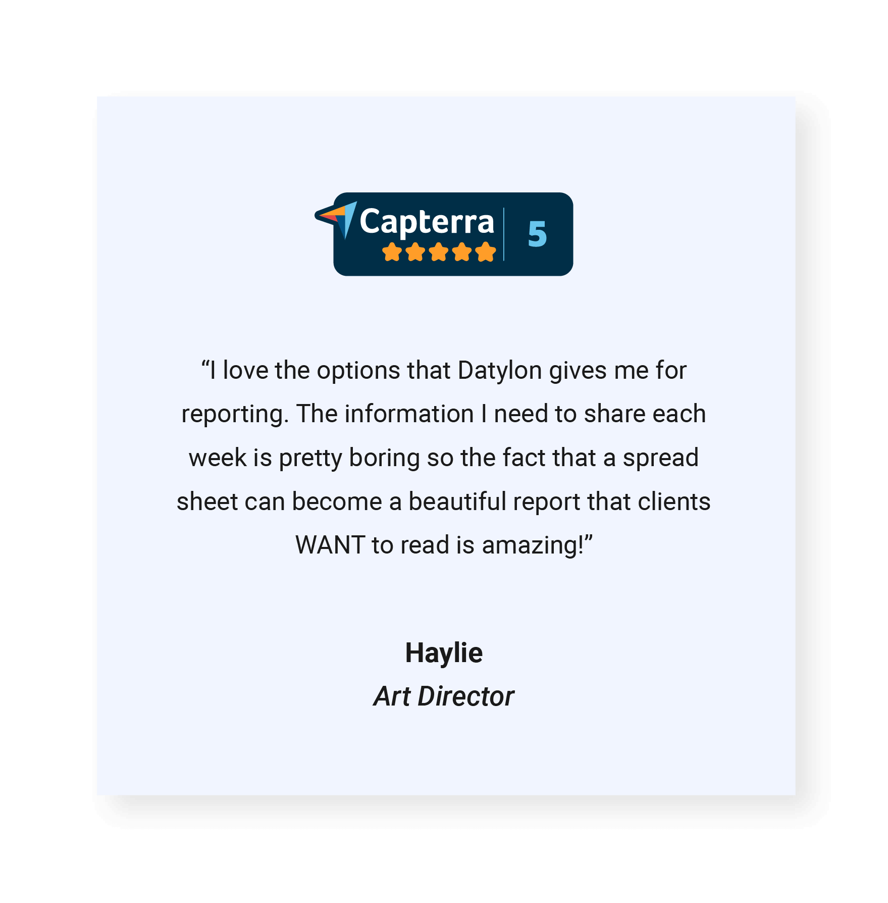 Capterra review with a 5-star rating. The review reads: 