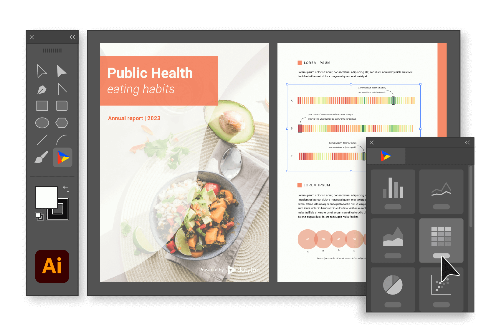 Design beautiful charts and report templates right within Adobe Illustrator with a chart maker plugin Datylon for Illustrator.