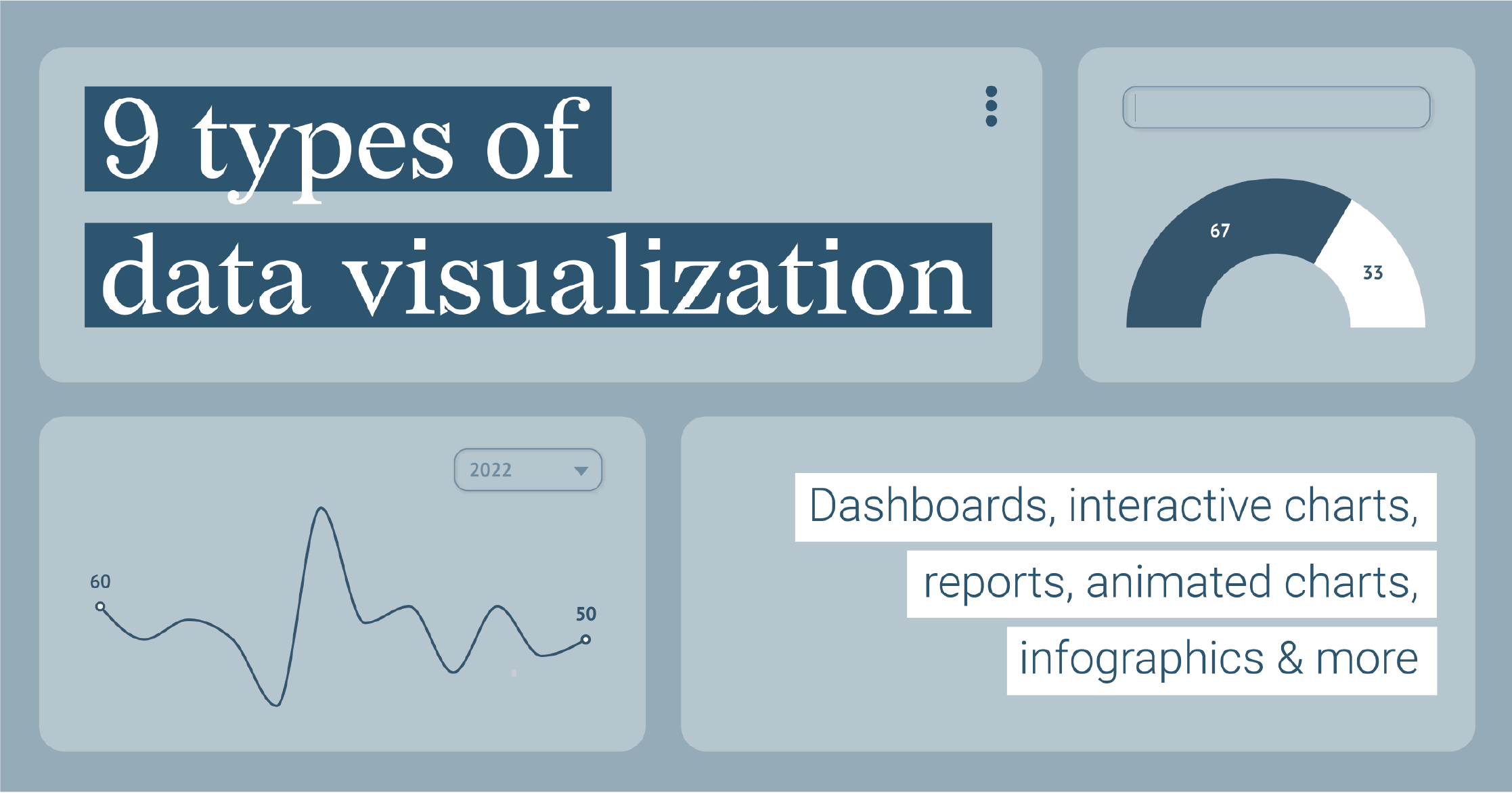 Discover 9 types of data visualizations. Dashboards, charts, interactive charts, static charts, presentations, infographics, data story websites and data art