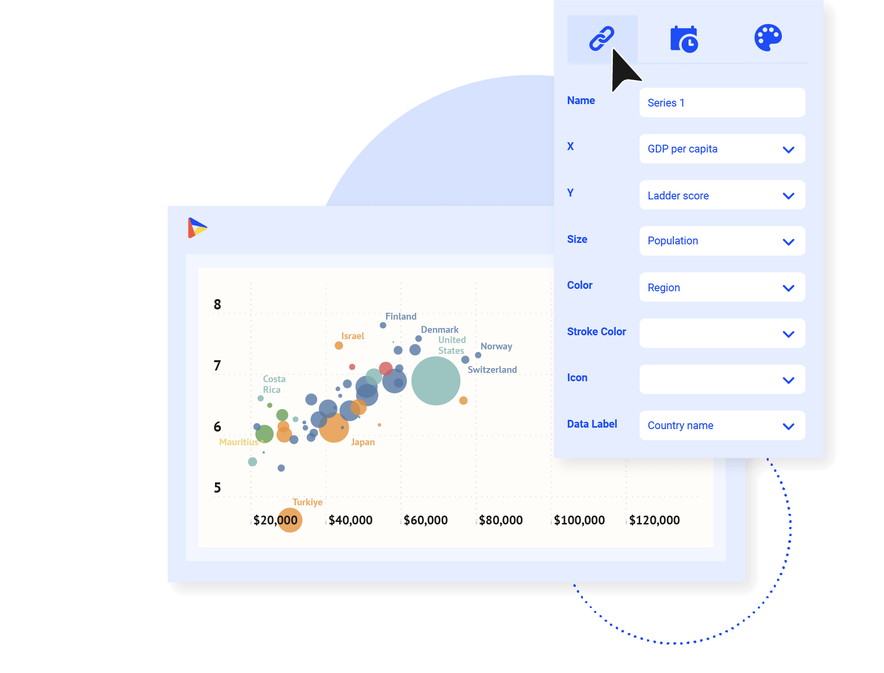 Data-driven styling - Let your data drive the look & feel of your chart. Style series and data points with ease. Bind the colors, shapes, strokes, size, radius, and label text to your data, empowering the reusability of your charts.